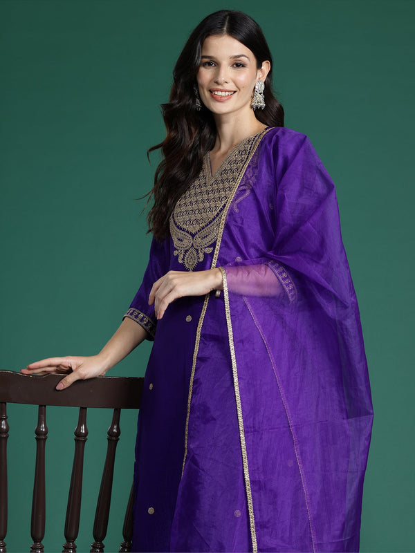 Women Purple Embroidered Straight Kurta Trousers With Dupatta Set WomensFashionFun