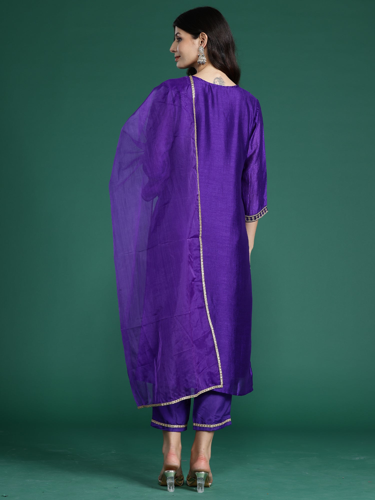 Women Purple Embroidered Straight Kurta Trousers With Dupatta Set WomensFashionFun