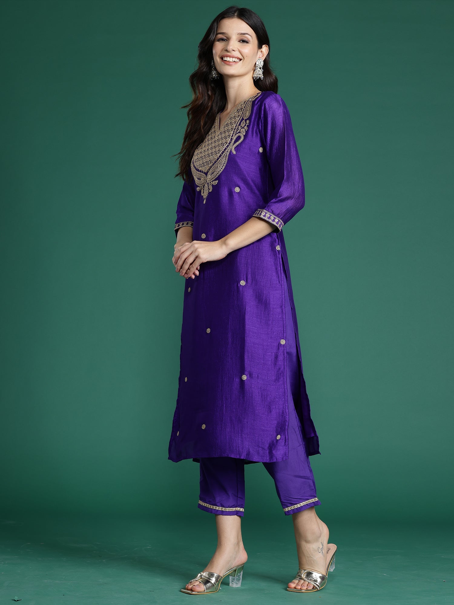 Women Purple Embroidered Straight Kurta Trousers With Dupatta Set WomensFashionFun