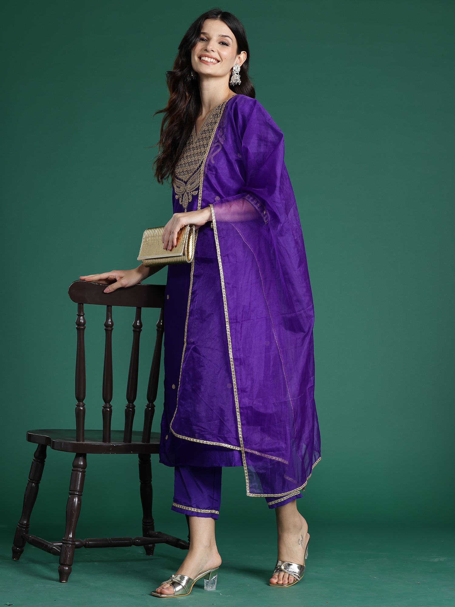 Women Purple Embroidered Straight Kurta Trousers With Dupatta Set WomensFashionFun