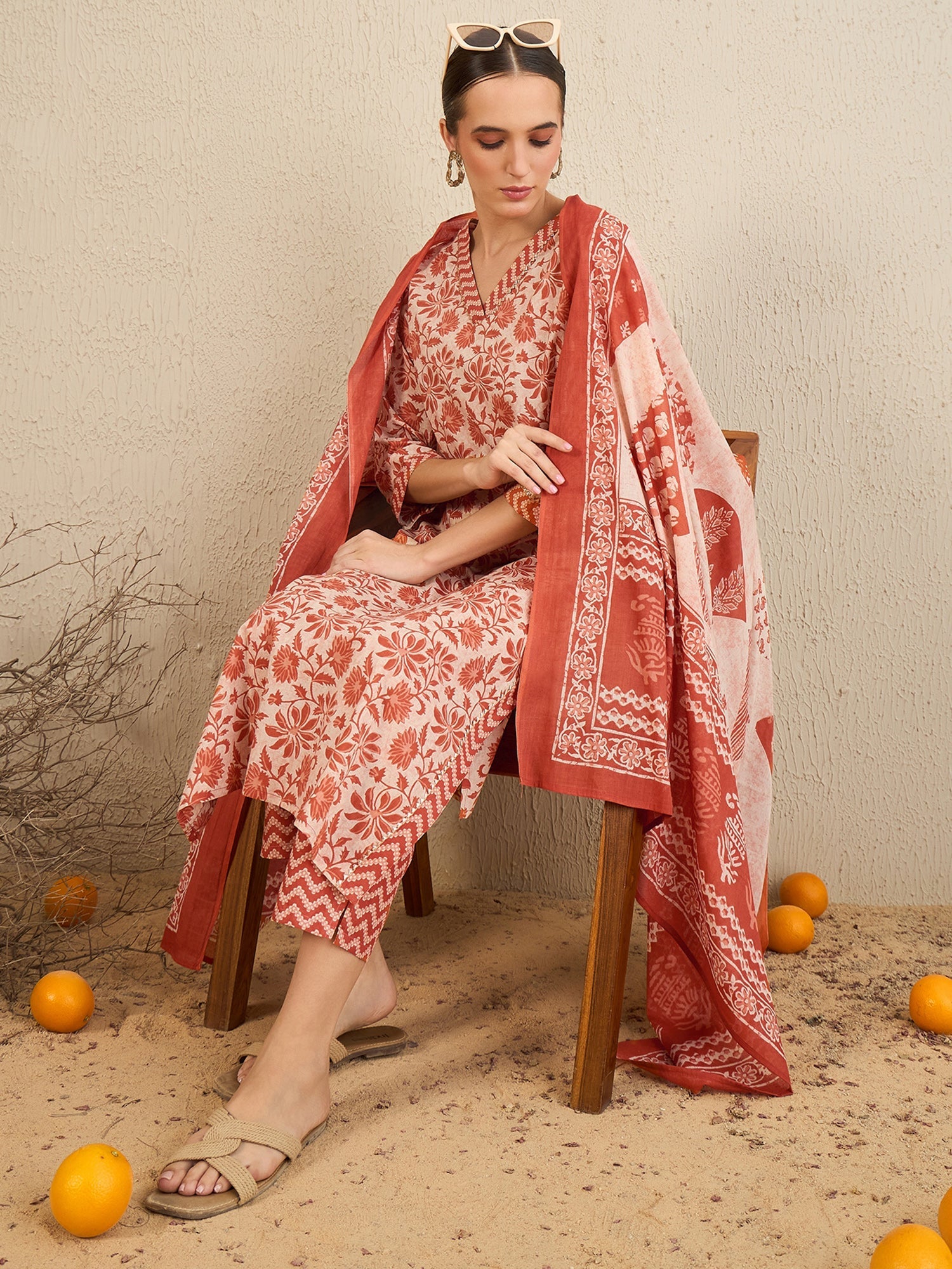 Women Rust Printed Straight Kurta Trousers With Dupatta Set WomensFashionFun