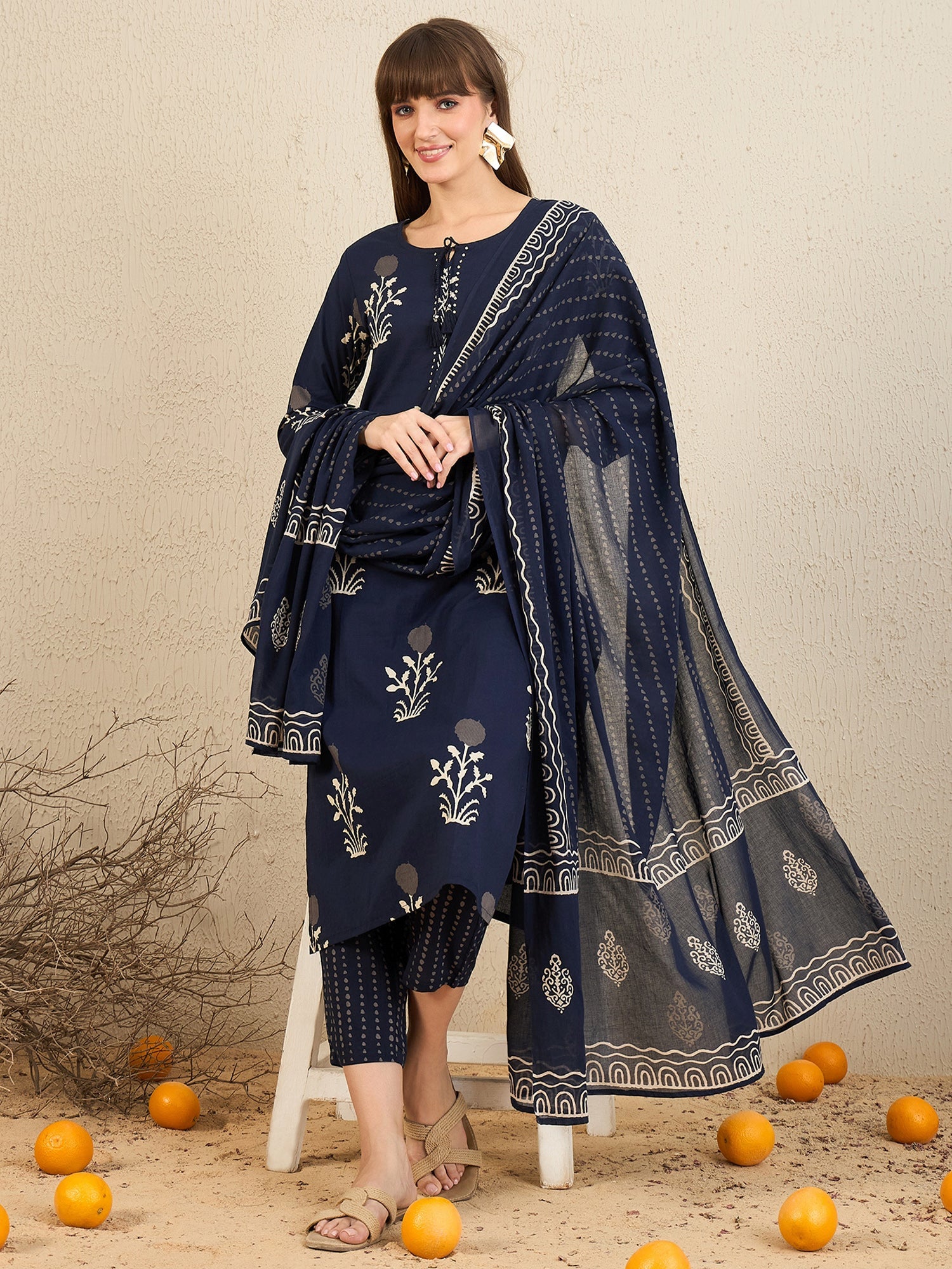 Women Navy Blue Printed Straight Kurta Trousers With Dupatta Set WomensFashionFun