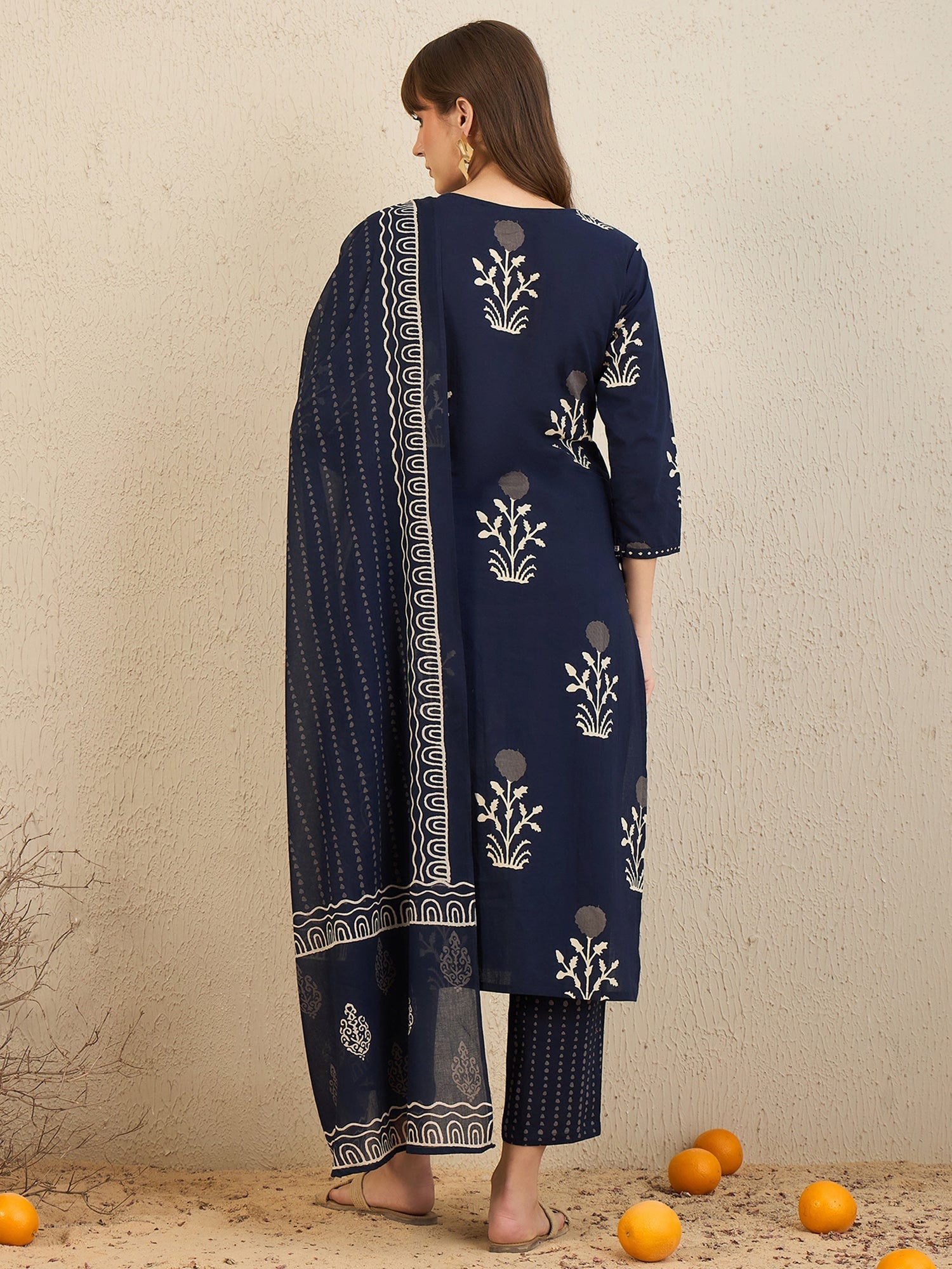 Women Navy Blue Printed Straight Kurta Trousers With Dupatta Set WomensFashionFun