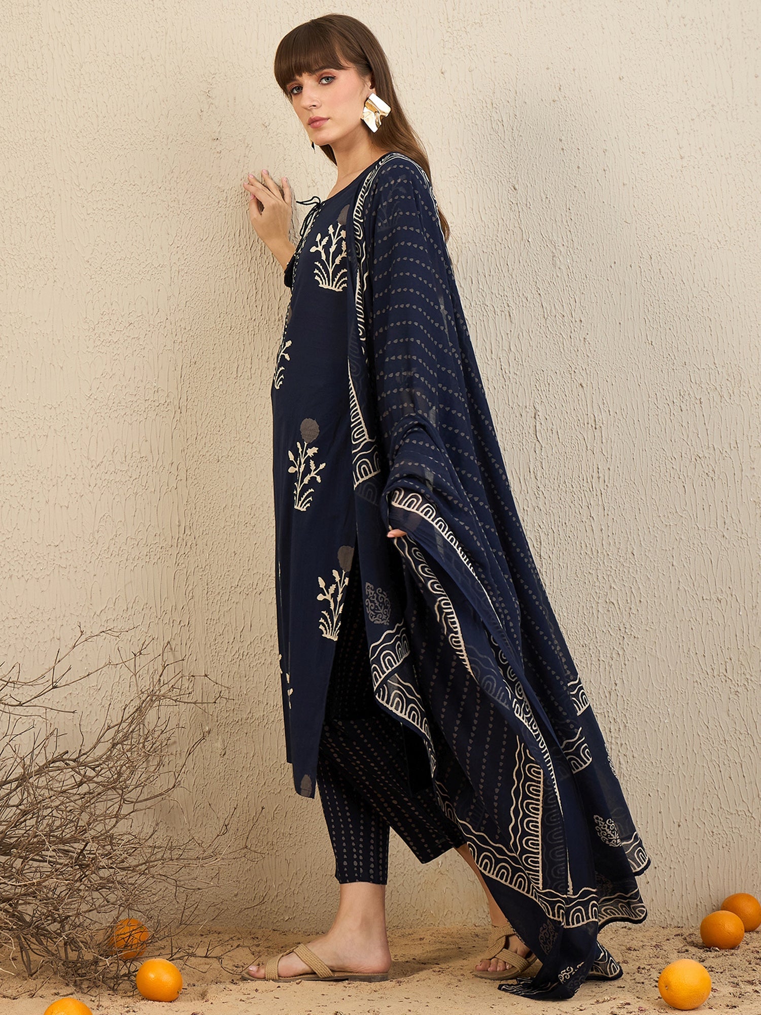 Women Navy Blue Printed Straight Kurta Trousers With Dupatta Set WomensFashionFun