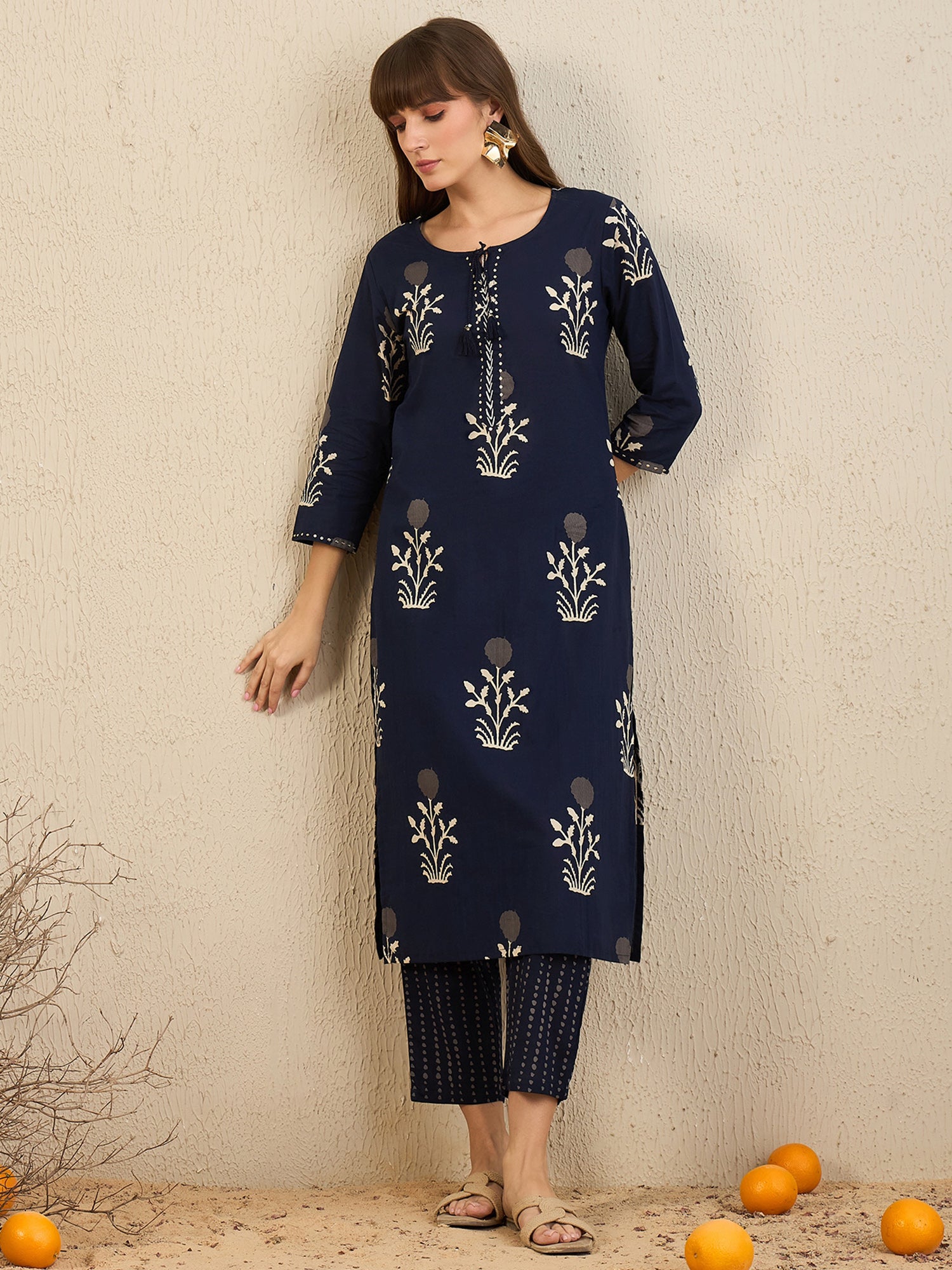 Women Navy Blue Printed Straight Kurta Trousers With Dupatta Set WomensFashionFun