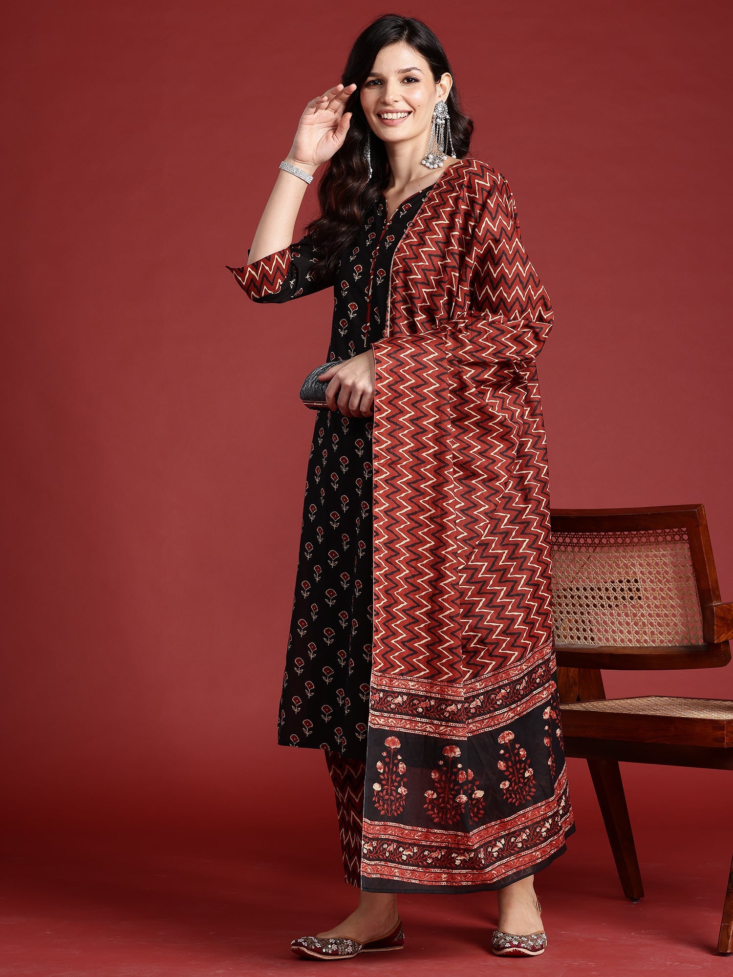 Women Black Printed Straight Kurta Trousers With Dupatta Set WomensFashionFun