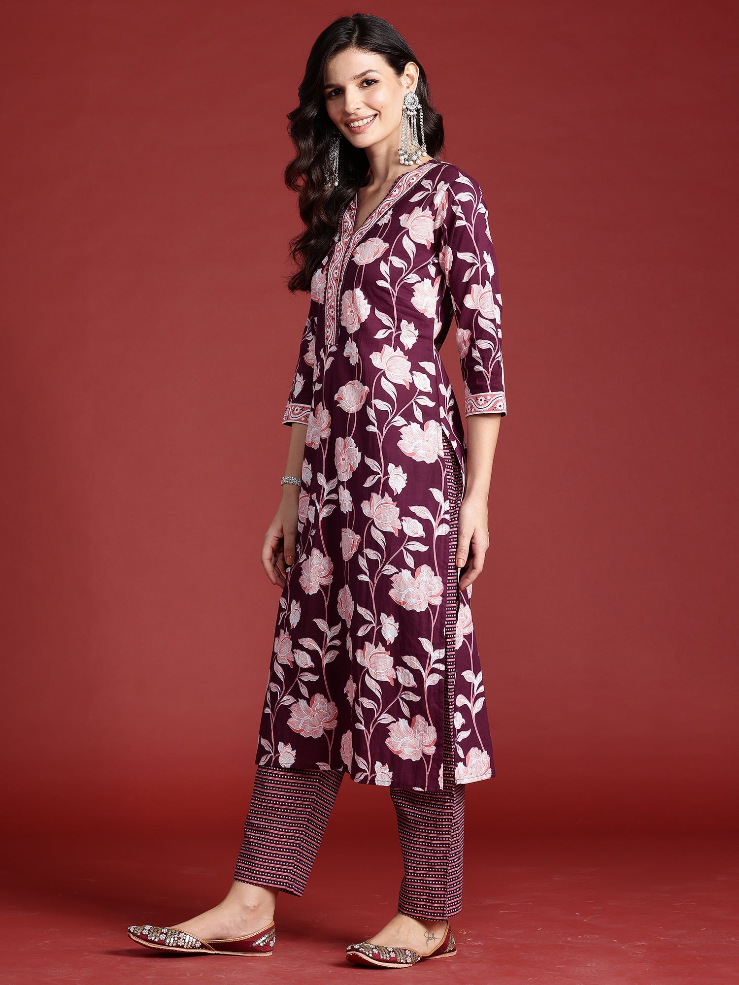 Women Burgundy Printed Straight Kurta Trousers With Dupatta Set WomensFashionFun