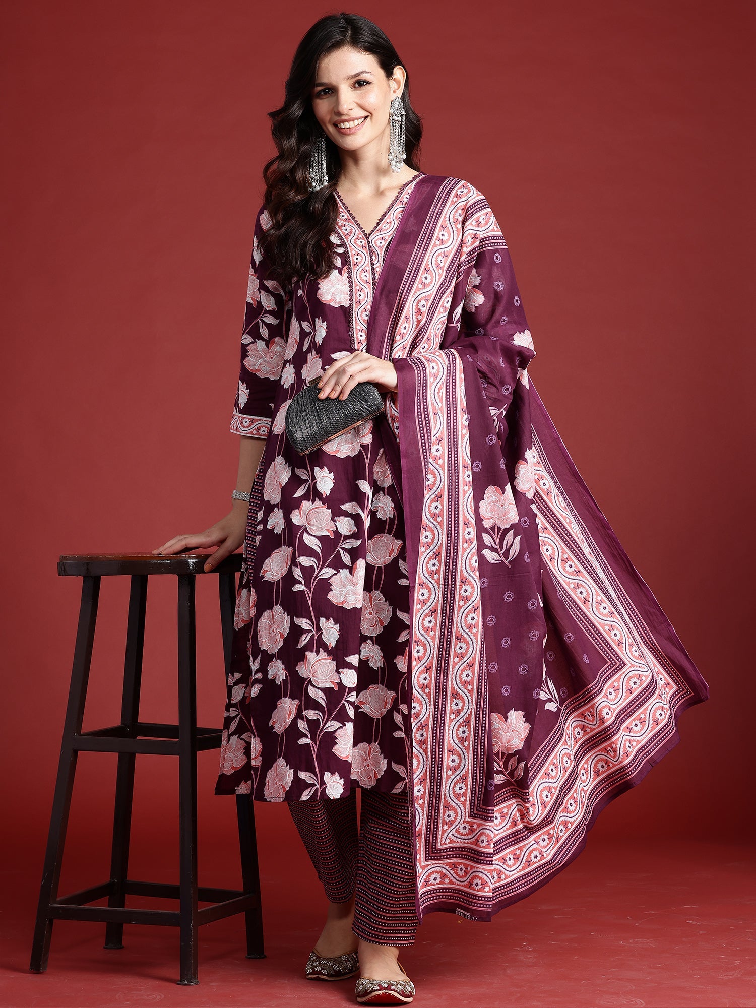 Women Burgundy Printed Straight Kurta Trousers With Dupatta Set WomensFashionFun