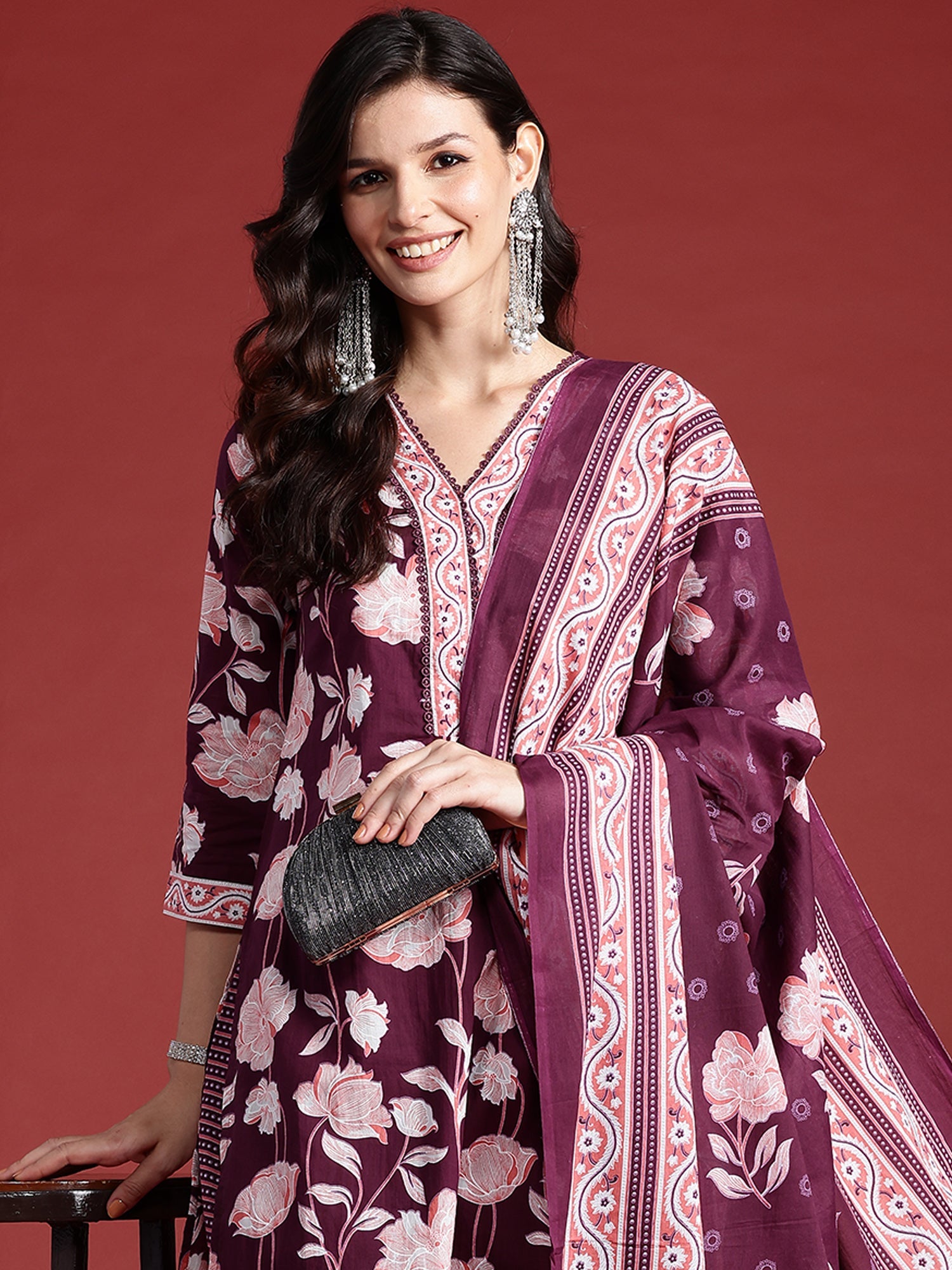 Women Burgundy Printed Straight Kurta Trousers With Dupatta Set WomensFashionFun