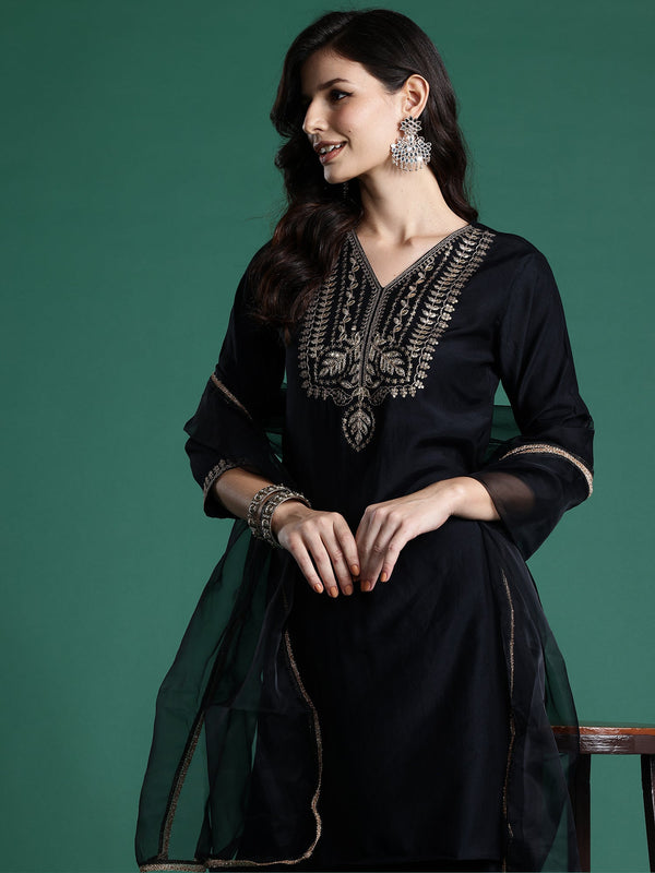 Women Black Embroidered Straight Kurta Sharara With Dupatta  Set WomensFashionFun