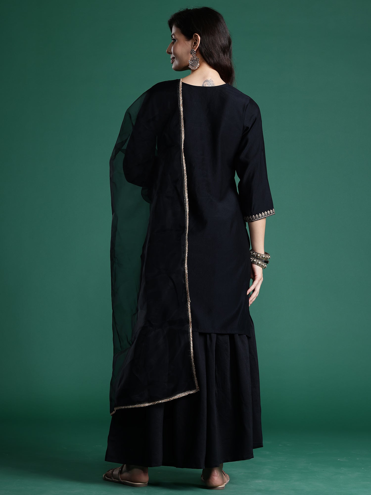 Women Black Embroidered Straight Kurta Sharara With Dupatta  Set WomensFashionFun