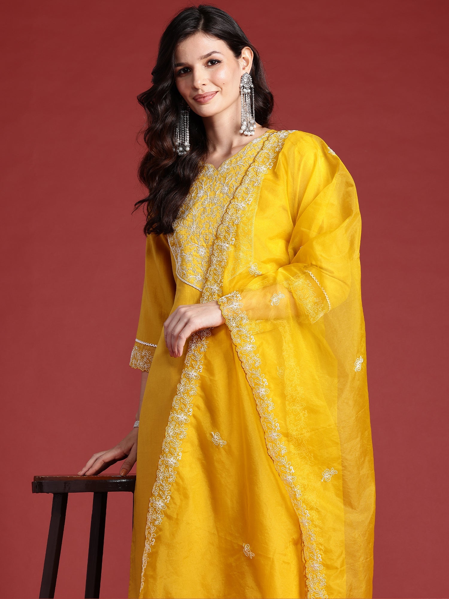 Women Yellow Embroidered Straight Kurta Trousers With Dupatta Set WomensFashionFun