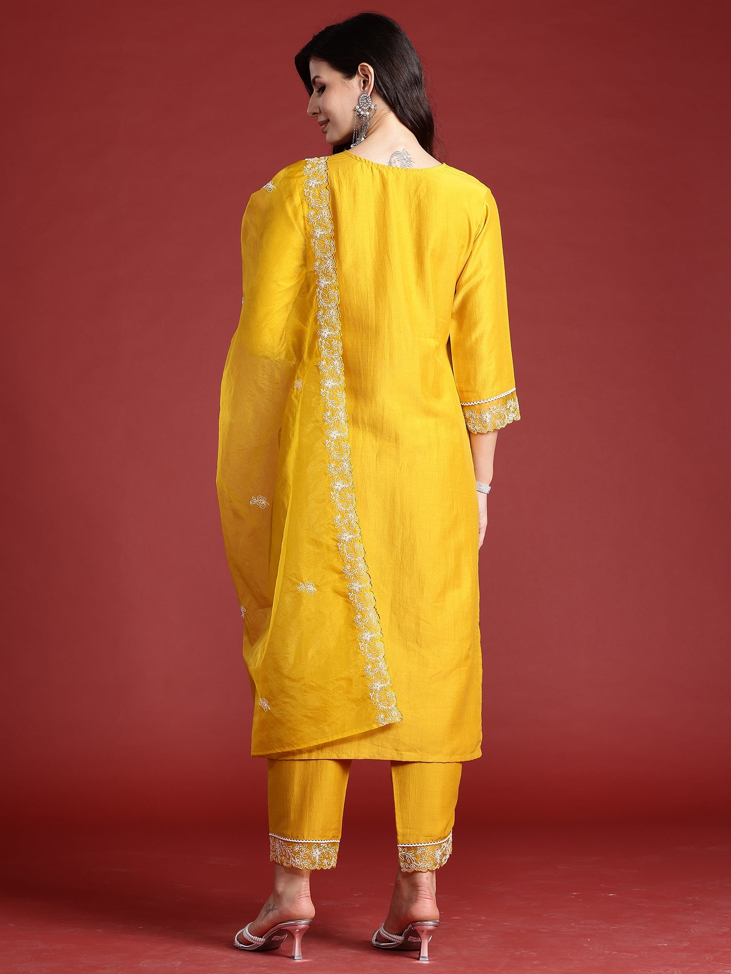 Women Yellow Embroidered Straight Kurta Trousers With Dupatta Set WomensFashionFun