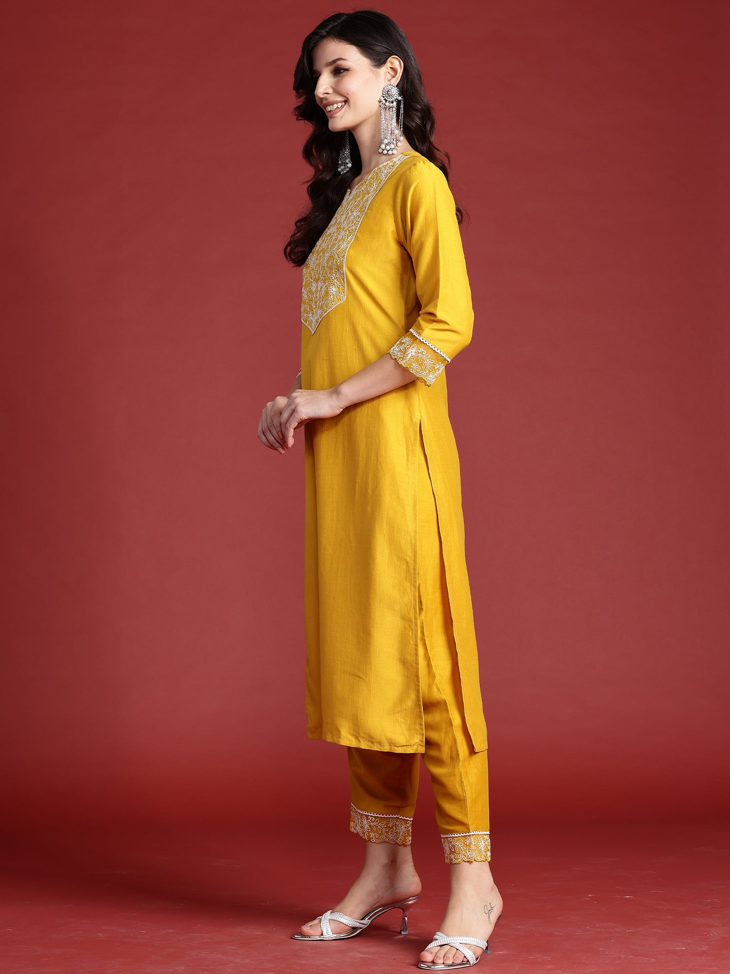 Women Yellow Embroidered Straight Kurta Trousers With Dupatta Set WomensFashionFun