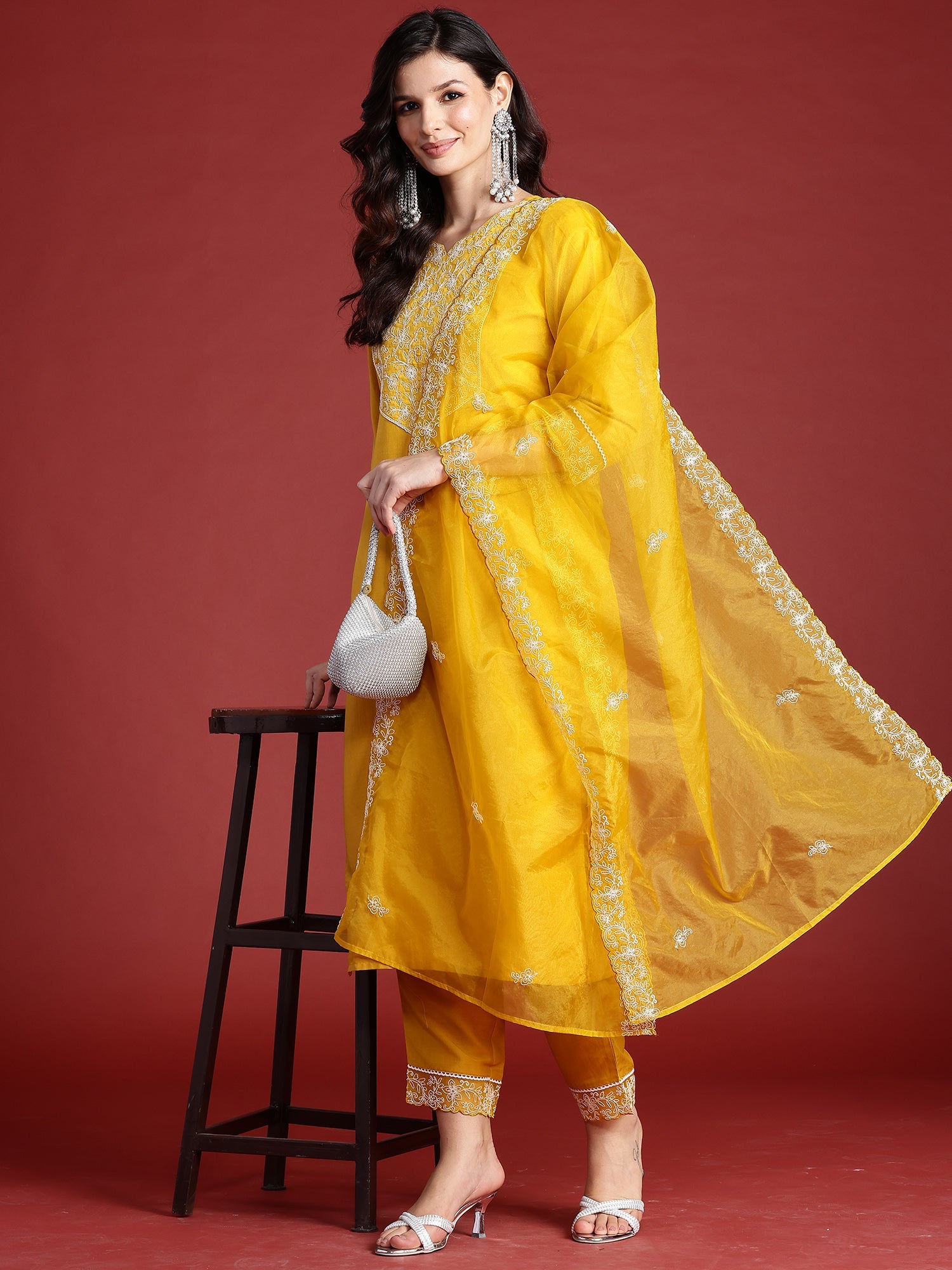 Women Yellow Embroidered Straight Kurta Trousers With Dupatta Set WomensFashionFun