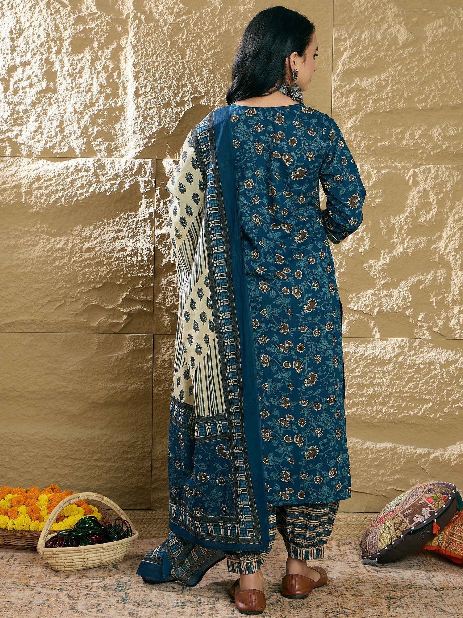 Women Teal Printed Straight Kurta Salwar With Dupatta Set WomensFashionFun