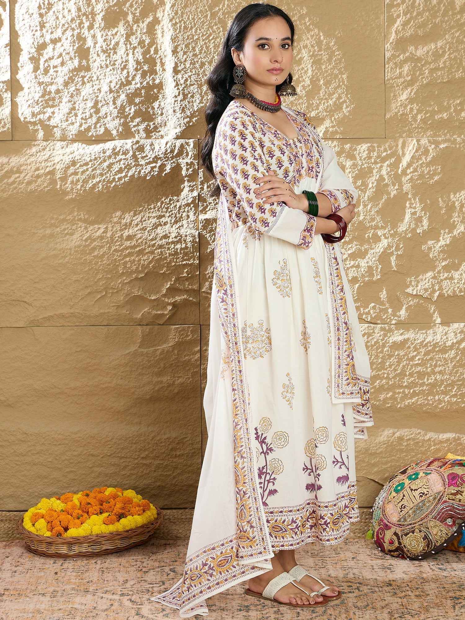 Women White Printed A-Line Kurta Trousers With Dupatta Set WomensFashionFun