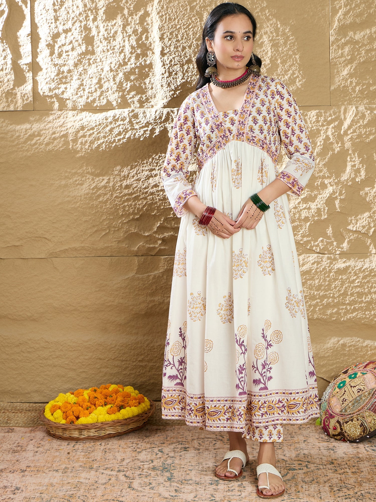 Women White Printed A-Line Kurta Trousers With Dupatta Set WomensFashionFun