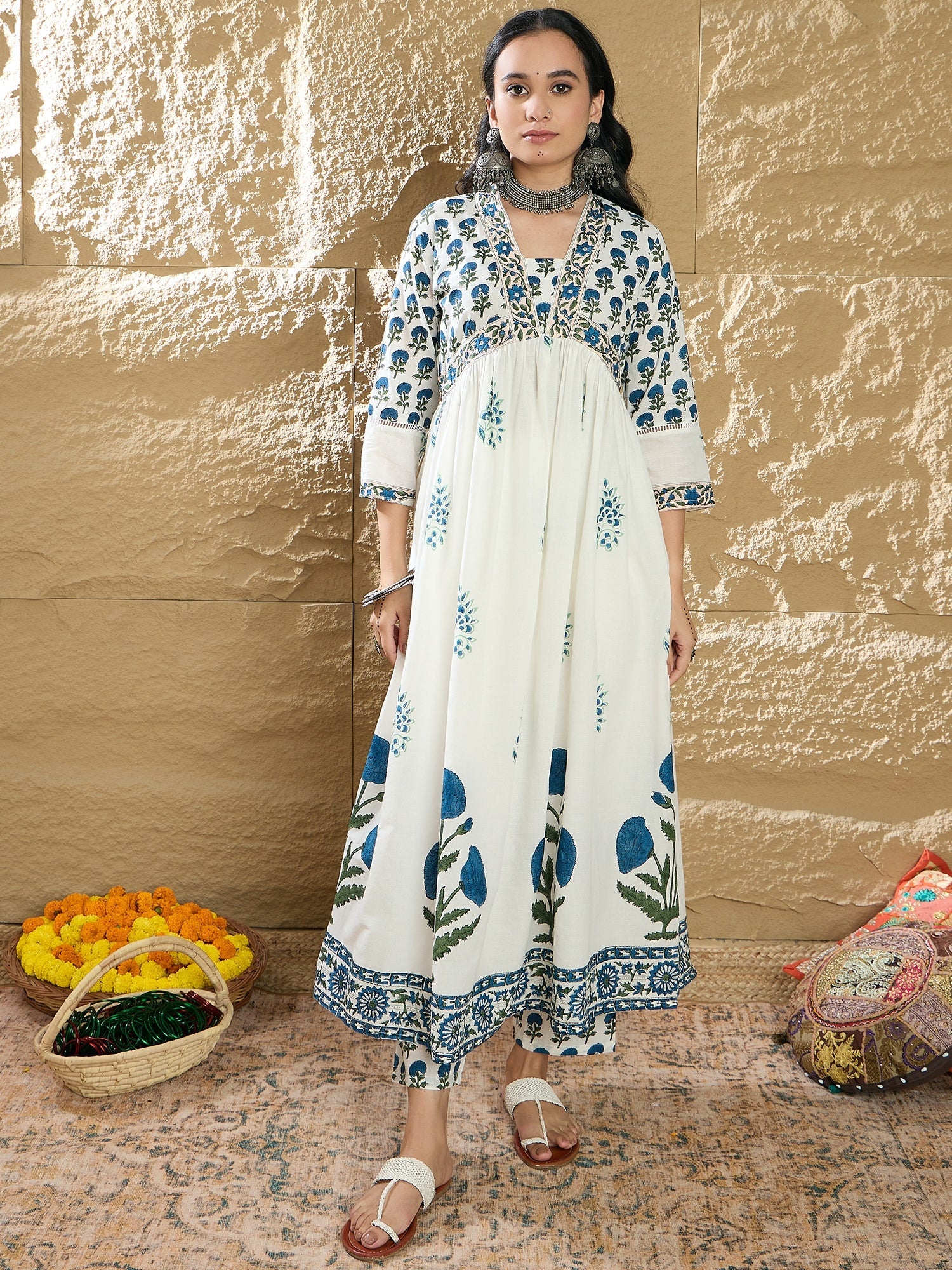 Women White Printed A-Line Kurta Trousers With Dupatta Set WomensFashionFun