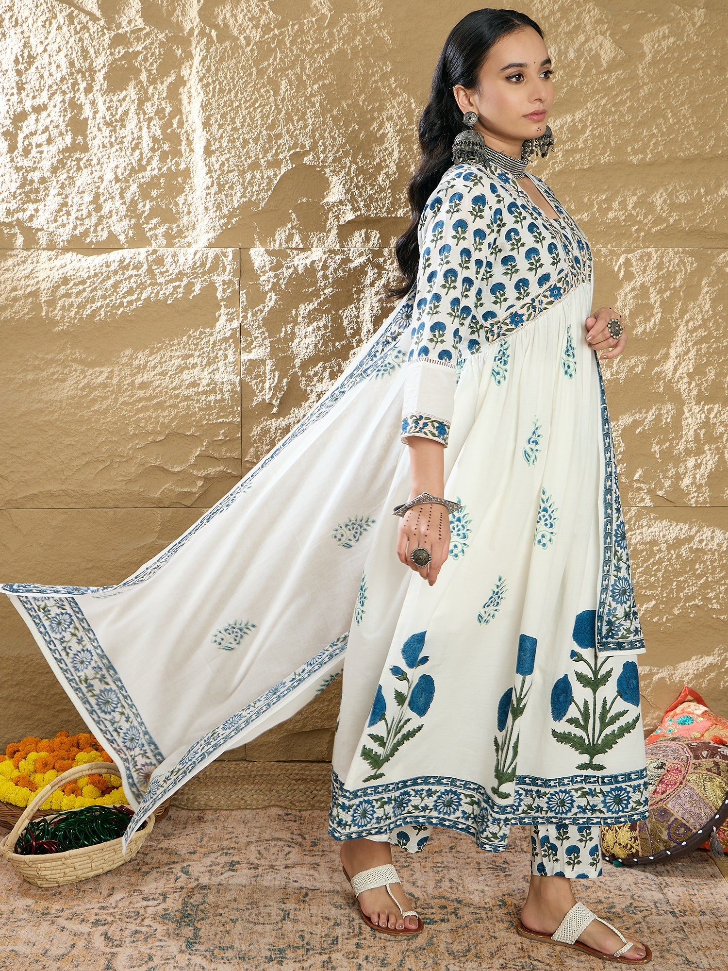 Women White Printed A-Line Kurta Trousers With Dupatta Set WomensFashionFun