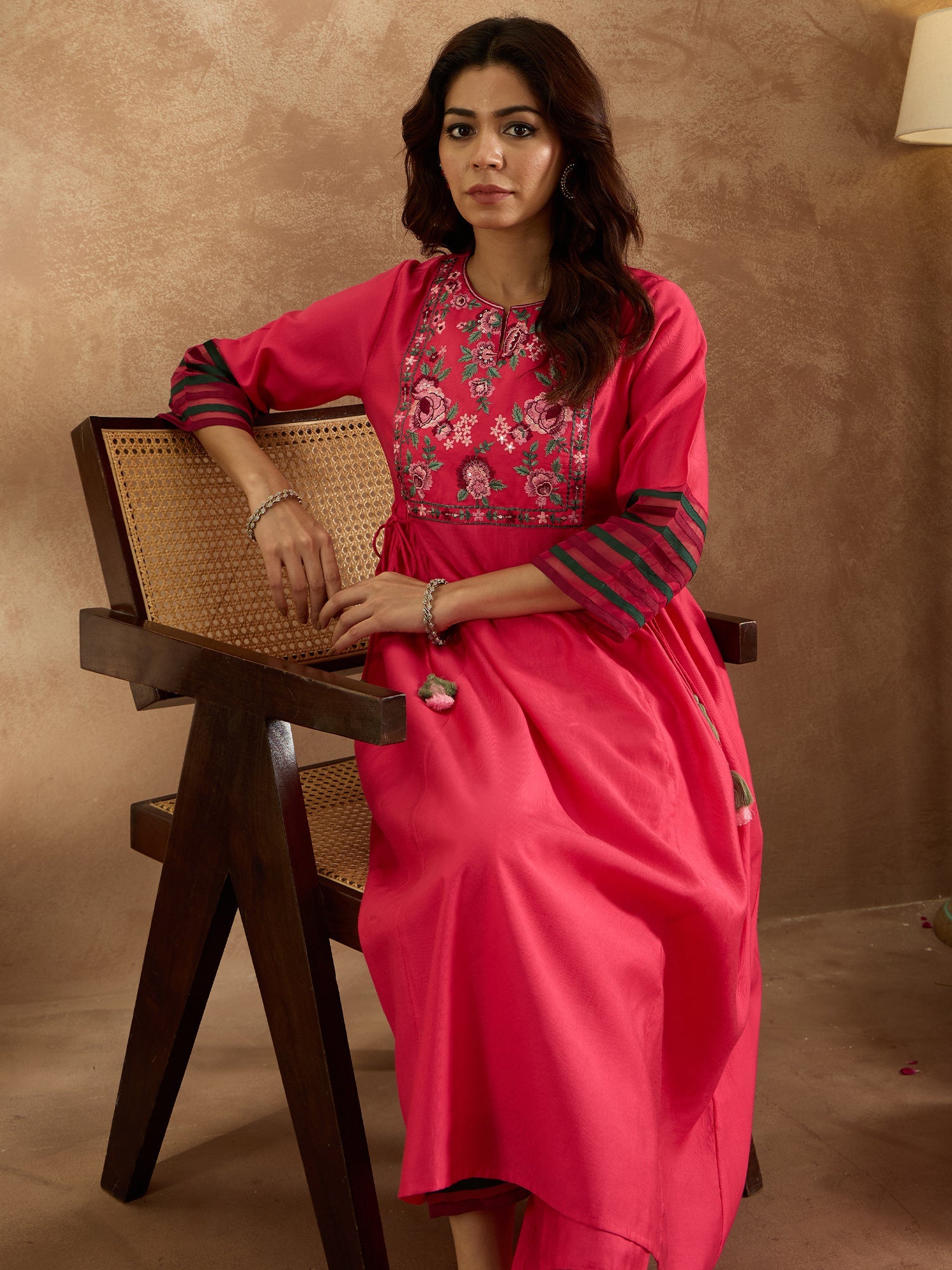 Women Pink Embroidered A-Line Kurta Trousers Set WomensFashionFun