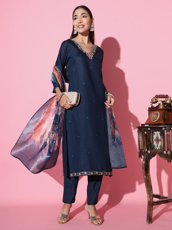 Women 'V' Neck Embroidered Work Viscose Fabric Kurta Pant Set Comes With Printed Dupatta | WOMENSFASHIONFUN