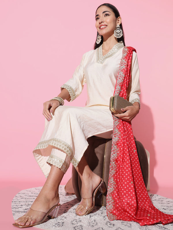 Women V-Neck Sequence Embroidered Work Gadhwal Fabric Kurta & Pant Set Comes With Muslin Fabric Dupatta | WOMENSFASHIONFUN