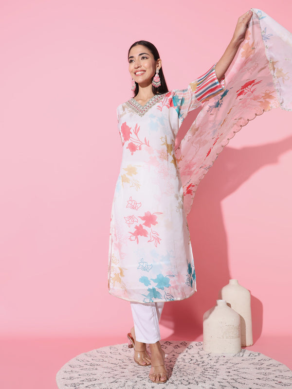 Women V-Neck Floral-Printed Organza Fabric Kurta And Pant With Dupatta Set | WOMENSFASHIONFUN