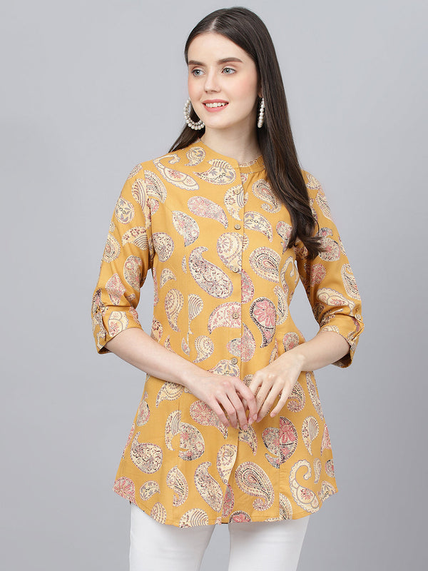 Mastard Yellow Print Mandarin Collar Roll-Up Sleeves Shirt Style Top | WomensFashionFun