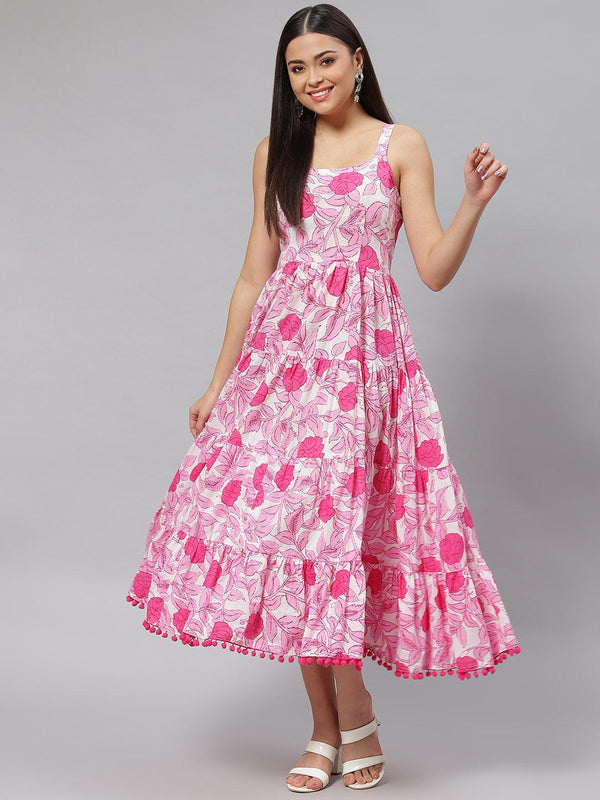 white & Pink Floral Shoulder Strip Long Dress | WomensFashionFun