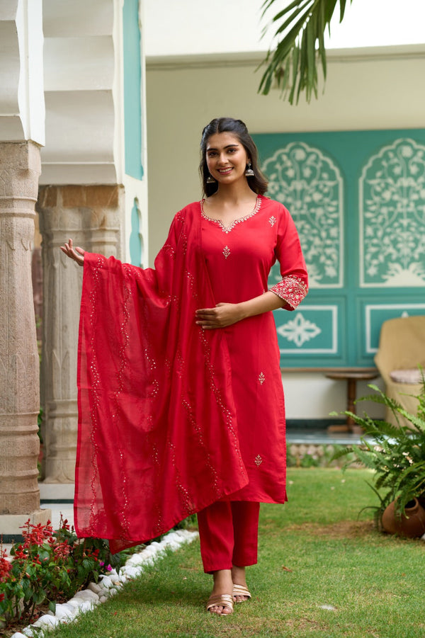 Women V Neck Embroidered Work Soft Chanderi Fabric Kurta & Pant With Dupatta Set | WOMENSFASHIONFUN