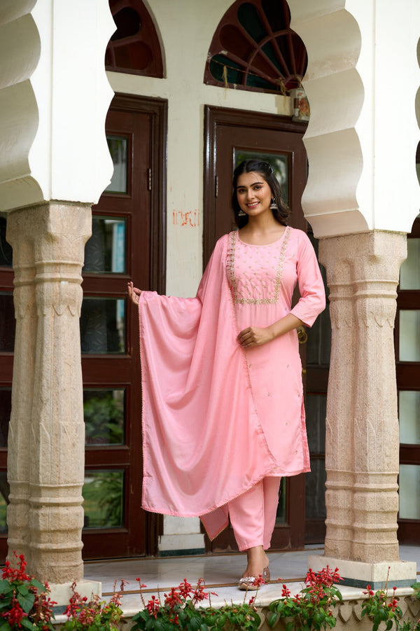 Women Round Neck Embroidered Work Rayon Slub Fabric Kurta Pant Set Comes With Chinnon Dupatta | WOMENSFASHIONFUN