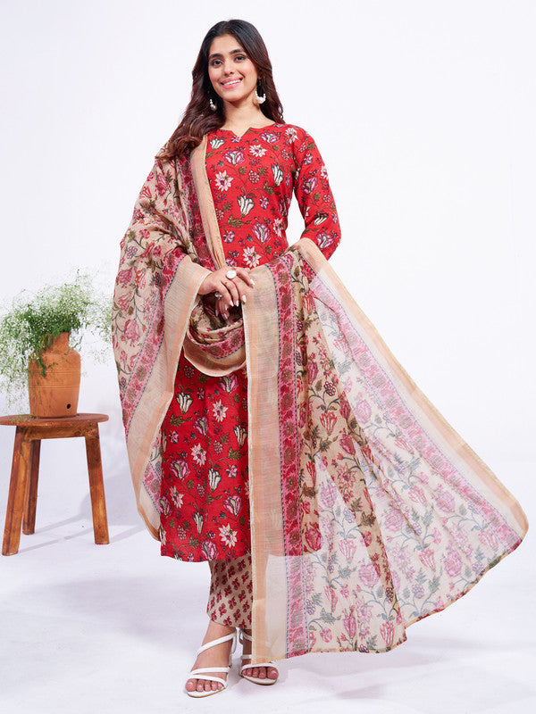 Women's Red Cotton Blend Floral Printed  Kurta Set With Dupatta