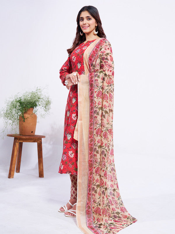 Women's Red Cotton Blend Floral Printed  Kurta Set With Dupatta