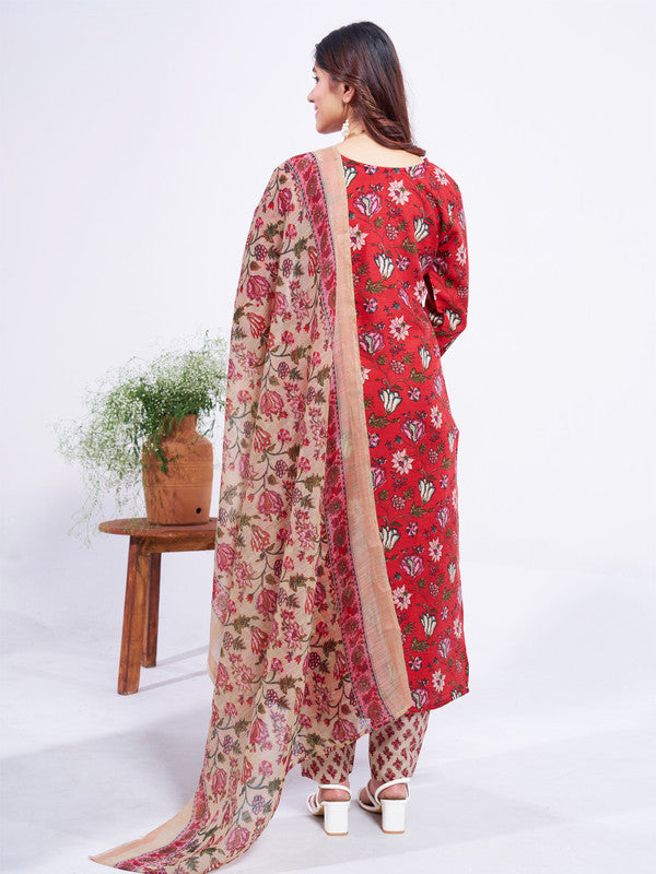 Women's Red Cotton Blend Floral Printed  Kurta Set With Dupatta