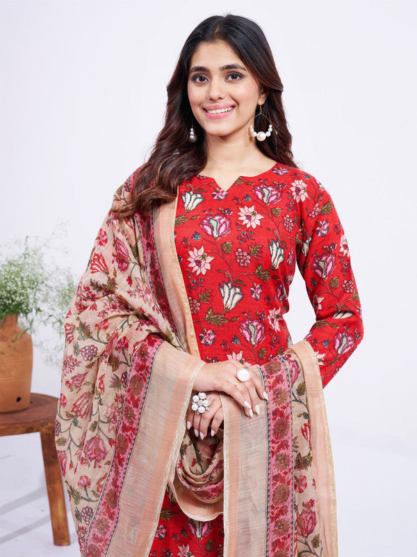 Women's Red Cotton Blend Floral Printed  Kurta Set With Dupatta