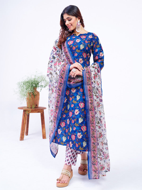 Women's Blue Cotton Blend Floral Printed  Kurta Set With Dupatta