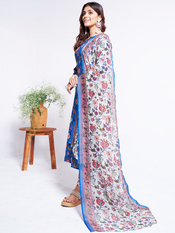 Women's Blue Cotton Blend Floral Printed  Kurta Set With Dupatta