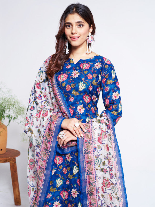 Women's Blue Cotton Blend Floral Printed  Kurta Set With Dupatta