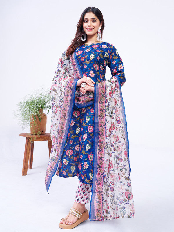 Women's Blue Cotton Blend Floral Printed  Kurta Set With Dupatta