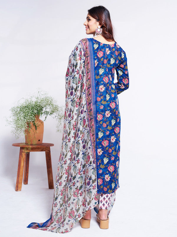 Women's Blue Cotton Blend Floral Printed  Kurta Set With Dupatta