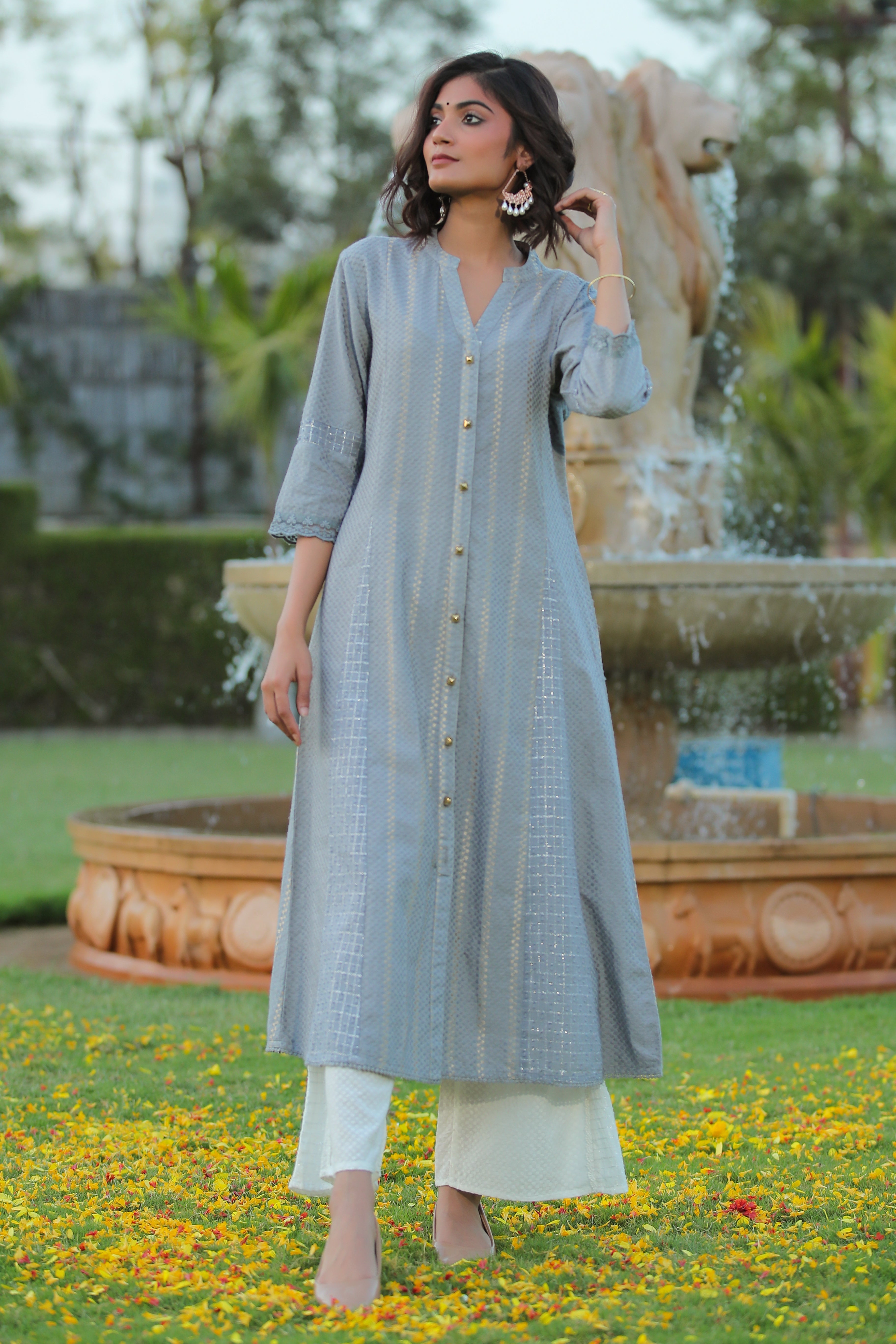 Women Grey Cotton Dobby Printed Kurta