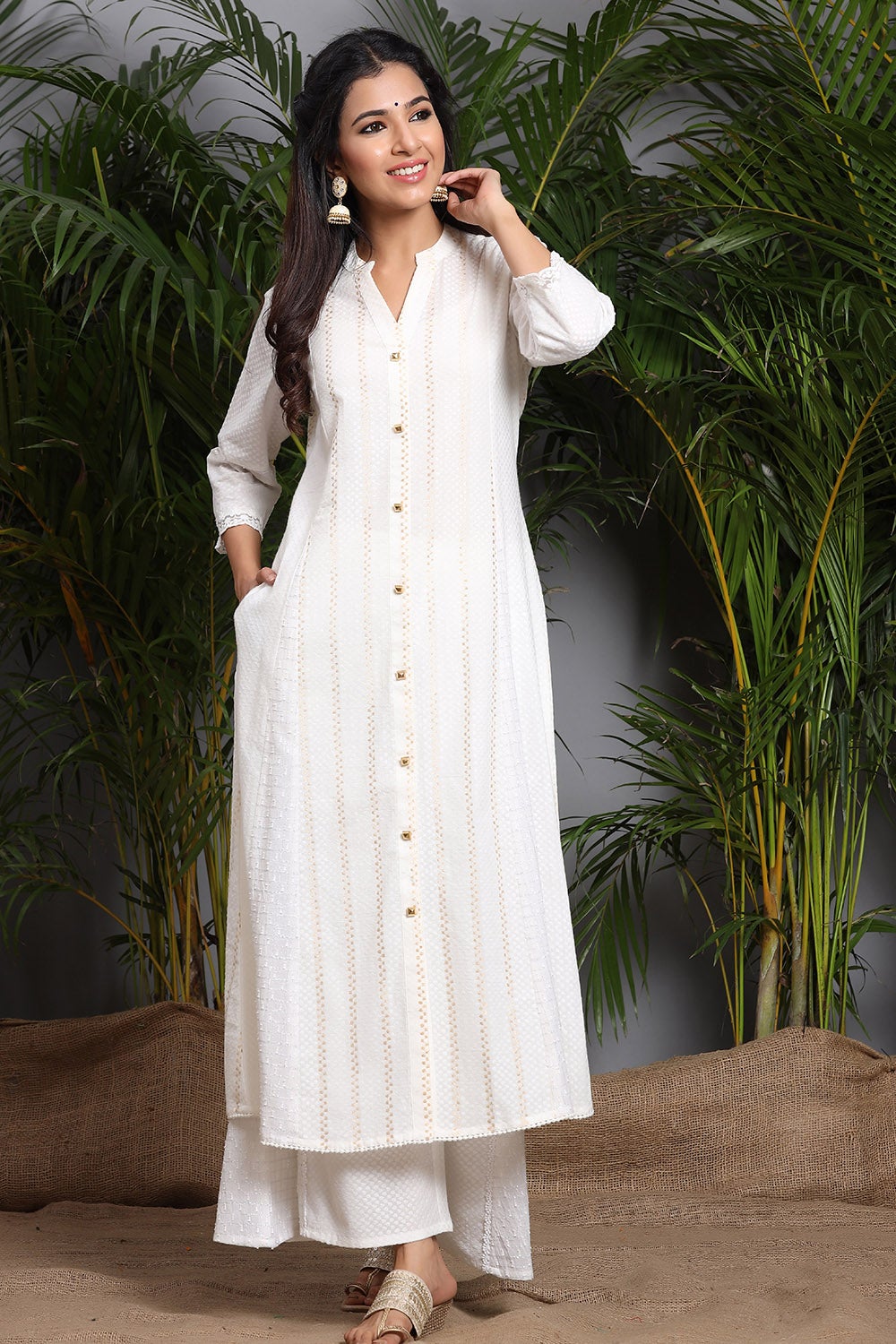 Women White Cotton Dobby Woven Design Kurta