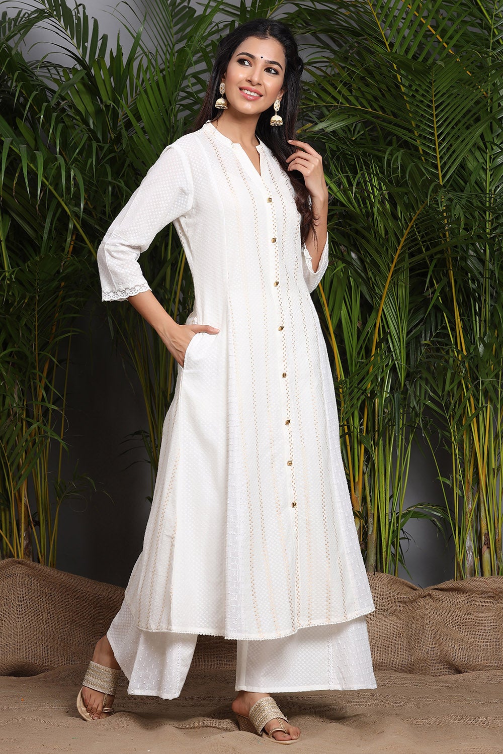 Women White Cotton Dobby Woven Design Kurta