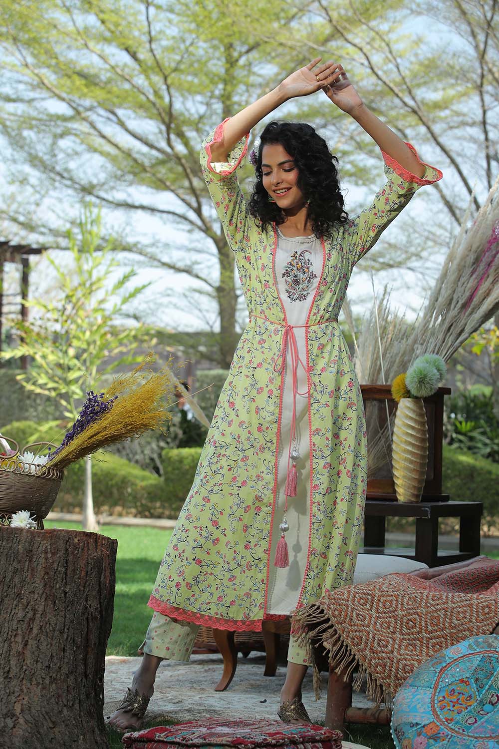 Women Lime Green Rayon Slub Printed Kurta