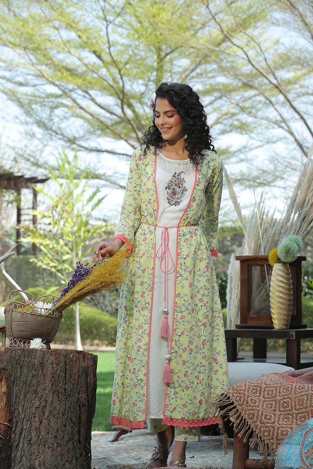 Women Lime Green Rayon Slub Printed Kurta