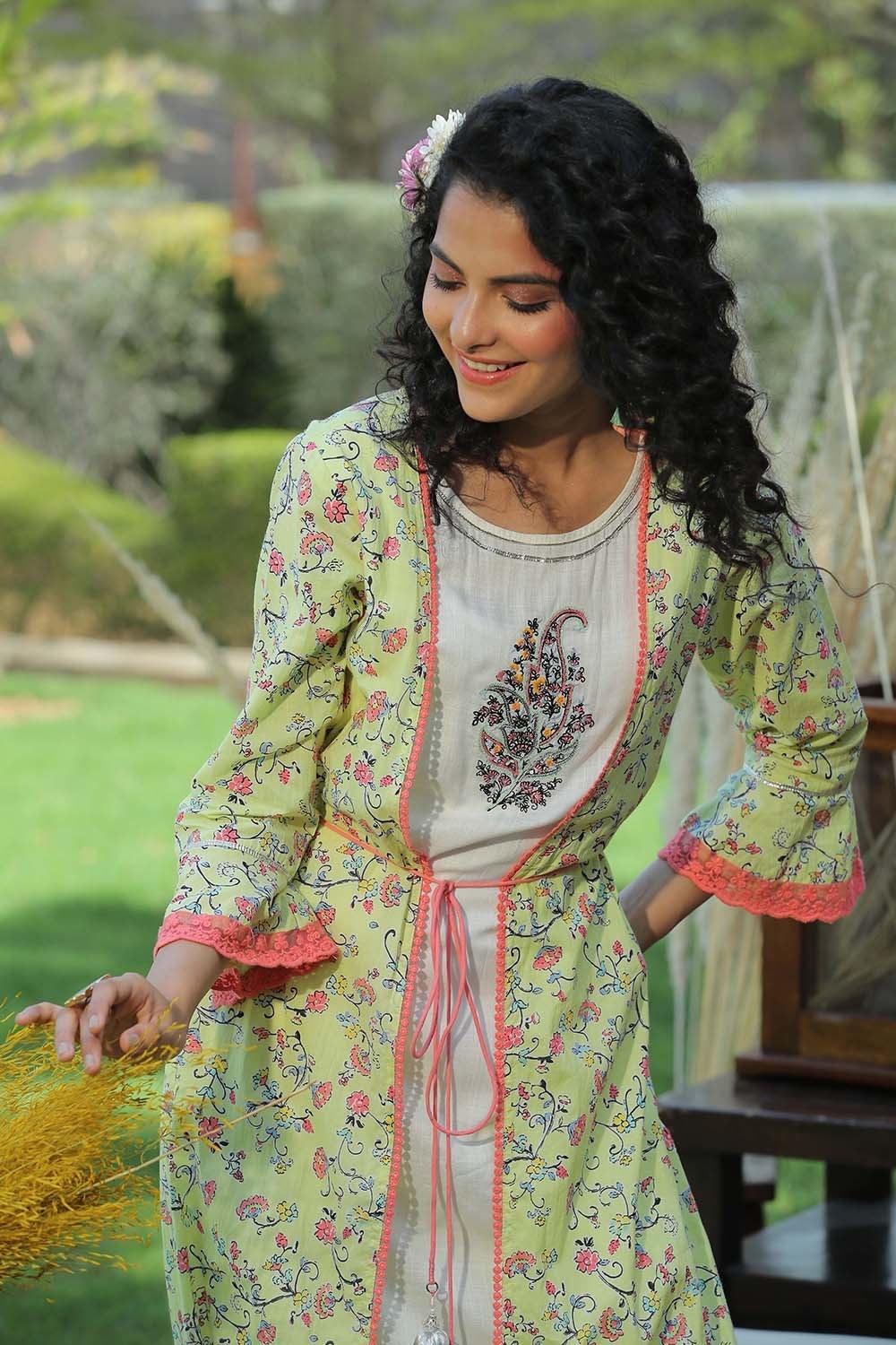 Women Lime Green Rayon Slub Printed Kurta