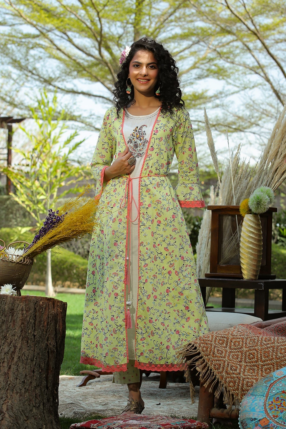 Women Lime Green Rayon Slub Printed Kurta