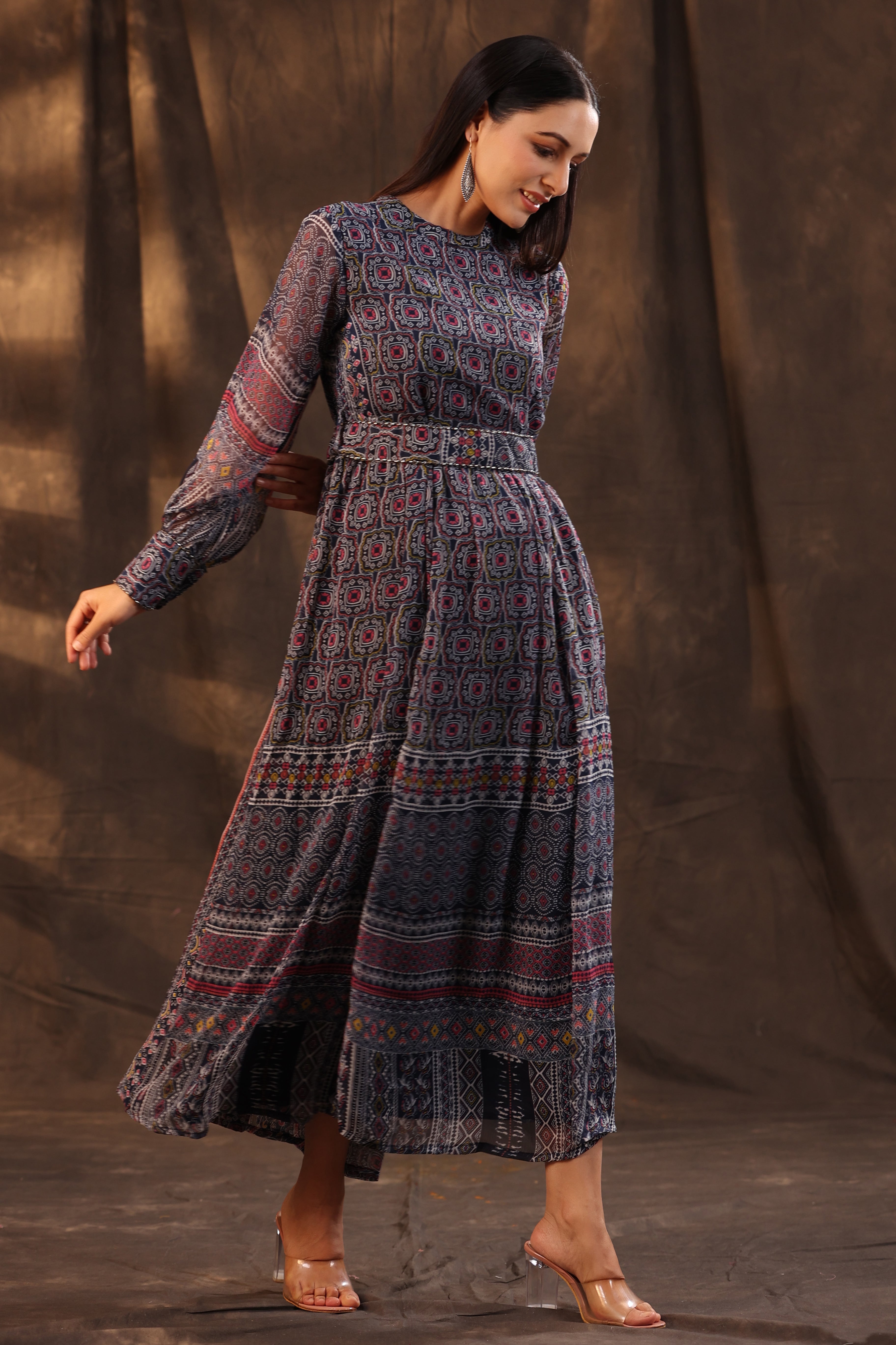 Women Navy Chiffon Printed Dress & Belt