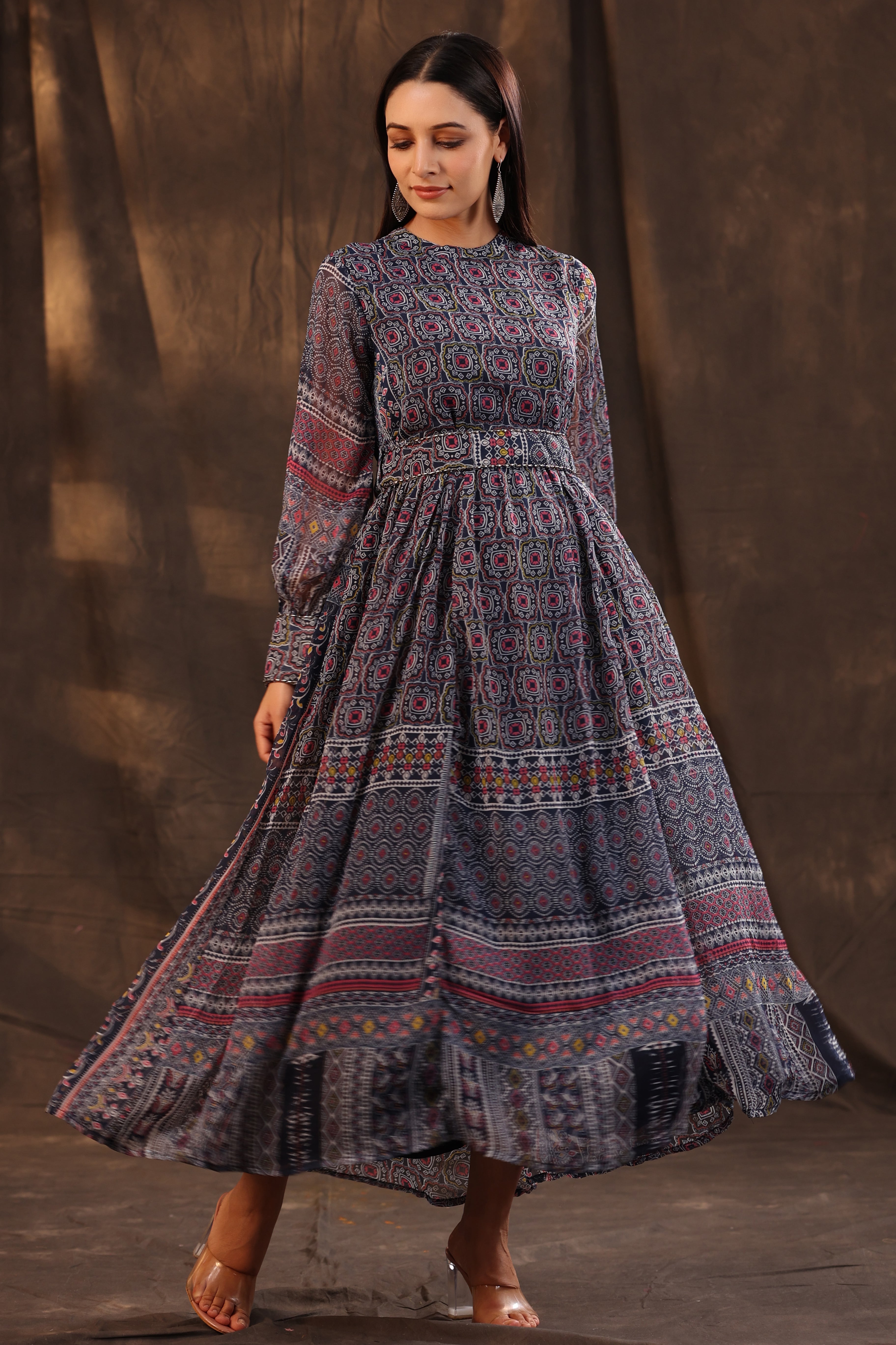 Women Navy Chiffon Printed Dress & Belt